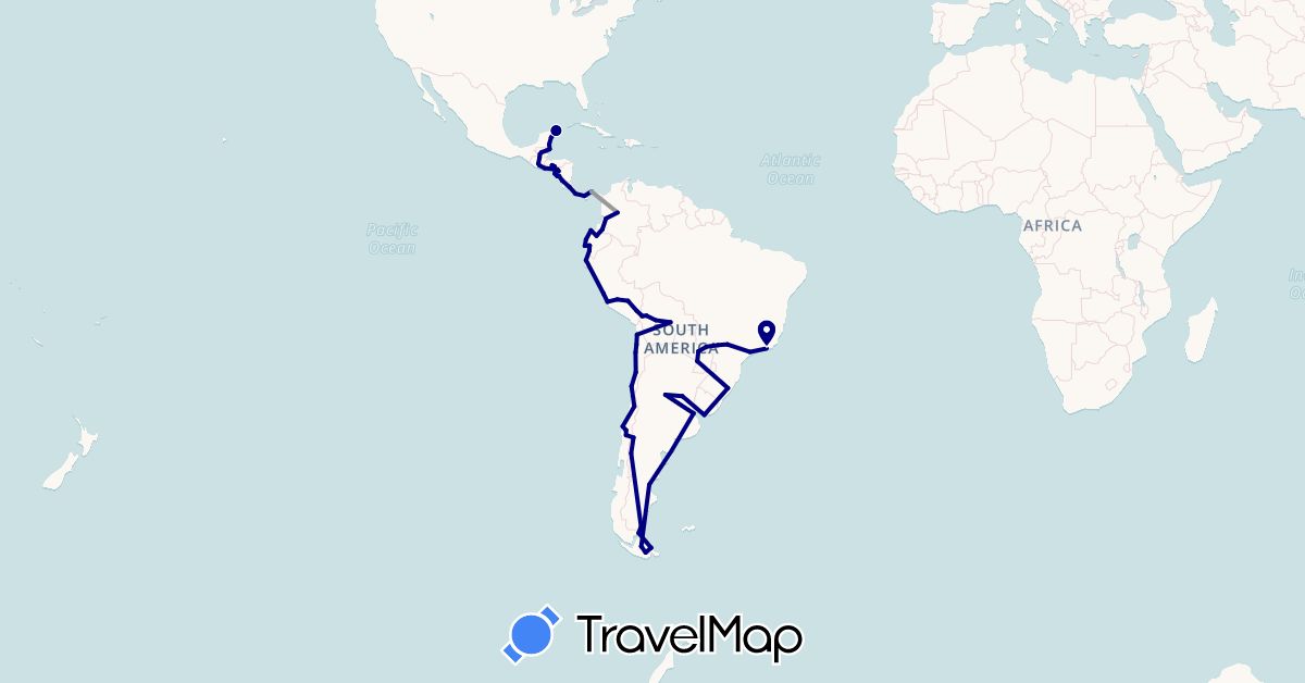 TravelMap itinerary: driving, plane in Argentina, Bolivia, Brazil, Belize, Chile, Colombia, Costa Rica, Ecuador, Guatemala, Honduras, Mexico, Nicaragua, Panama, Peru, Paraguay, El Salvador, Uruguay (North America, South America)